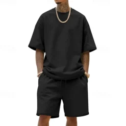 New OUKU Men's T-shirt Suits 2 Pieces Outfits Tee & Shorts Short Sleeve Crew Neck Summer Plain Fashion Casual 2 Piece Vacation Daily Wear Going out Black White Navy Blue Top Tee for Men