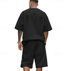 New OUKU Men's T-shirt Suits 2 Pieces Outfits Tee & Shorts Short Sleeve Crew Neck Summer Plain Fashion Casual 2 Piece Vacation Daily Wear Going out Black White Navy Blue Top Tee for Men
