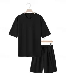 New OUKU Men's T-shirt Suits 2 Pieces Outfits Tee & Shorts Short Sleeve Crew Neck Summer Plain Fashion Casual 2 Piece Vacation Daily Wear Going out Black White Navy Blue Top Tee for Men