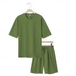 New OUKU Men's T-shirt Suits 2 Pieces Outfits Tee & Shorts Short Sleeve Crew Neck Summer Plain Fashion Casual 2 Piece Vacation Daily Wear Going out Black White Navy Blue Top Tee for Men