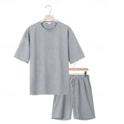 New OUKU Men's T-shirt Suits 2 Pieces Outfits Tee & Shorts Short Sleeve Crew Neck Summer Plain Fashion Casual 2 Piece Vacation Daily Wear Going out Black White Navy Blue Top Tee for Men