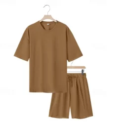 New OUKU Men's T-shirt Suits 2 Pieces Outfits Tee & Shorts Short Sleeve Crew Neck Summer Plain Fashion Casual 2 Piece Vacation Daily Wear Going out Black White Navy Blue Top Tee for Men