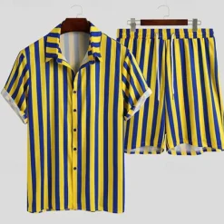Online OUKU Men's T-shirt Suits 2 Pieces Outfits Tee & Shorts Short Sleeve Shirt Collar Summer Stripes Fashion Casual 2 Piece Vacation Daily Wear Going out Top Tee for Men Yellow