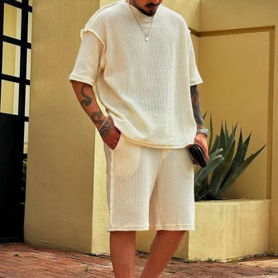 New OUKU Men's T-shirt Suits 2 Pieces Outfits Tee & Shorts Short Sleeve Crew Neck Summer Plain Fashion Casual 2 Piece Vacation Daily Wear Going out Top Tee for Men Beige