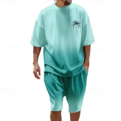 Clearance OUKU Men's T-shirt Suits 2 Pieces Outfits Tee & Shorts Short Sleeve Crew Neck Summer Coconut Tree Gradual Fashion Casual 2 Piece Vacation Daily Wear Going out Black Navy Blue Blue Top Tee for Men