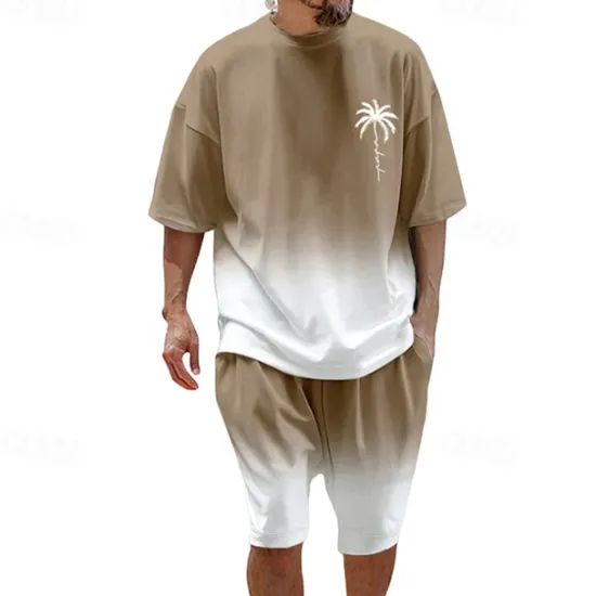 Clearance OUKU Men's T-shirt Suits 2 Pieces Outfits Tee & Shorts Short Sleeve Crew Neck Summer Coconut Tree Gradual Fashion Casual 2 Piece Vacation Daily Wear Going out Black Navy Blue Blue Top Tee for Men