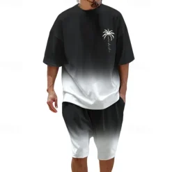 Clearance OUKU Men's T-shirt Suits 2 Pieces Outfits Tee & Shorts Short Sleeve Crew Neck Summer Coconut Tree Gradual Fashion Casual 2 Piece Vacation Daily Wear Going out Black Navy Blue Blue Top Tee for Men