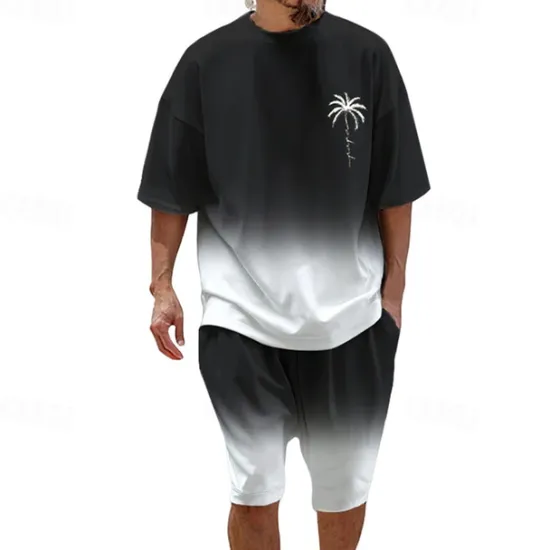 Clearance OUKU Men's T-shirt Suits 2 Pieces Outfits Tee & Shorts Short Sleeve Crew Neck Summer Coconut Tree Gradual Fashion Casual 2 Piece Vacation Daily Wear Going out Black Navy Blue Blue Top Tee for Men