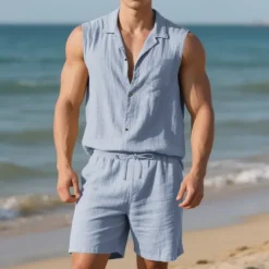 New OUKU Men's T-shirt Suits 2 Pieces Outfits Tee & Shorts Sleeveless Lapel Summer Plain Fashion Casual 2 Piece Vacation Daily Wear Going out Black White Yellow Top Tee for Men