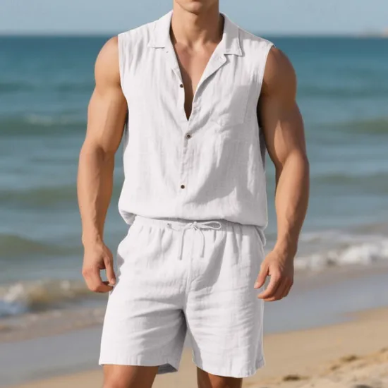 New OUKU Men's T-shirt Suits 2 Pieces Outfits Tee & Shorts Sleeveless Lapel Summer Plain Fashion Casual 2 Piece Vacation Daily Wear Going out Black White Yellow Top Tee for Men