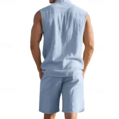 New OUKU Men's T-shirt Suits 2 Pieces Outfits Tee & Shorts Sleeveless Lapel Summer Plain Fashion Casual 2 Piece Vacation Daily Wear Going out Black White Yellow Top Tee for Men