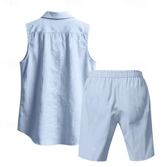 New OUKU Men's T-shirt Suits 2 Pieces Outfits Tee & Shorts Sleeveless Lapel Summer Plain Fashion Casual 2 Piece Vacation Daily Wear Going out Black White Yellow Top Tee for Men