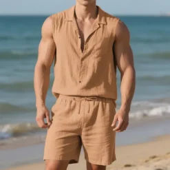 New OUKU Men's T-shirt Suits 2 Pieces Outfits Tee & Shorts Sleeveless Lapel Summer Plain Fashion Casual 2 Piece Vacation Daily Wear Going out Black White Yellow Top Tee for Men