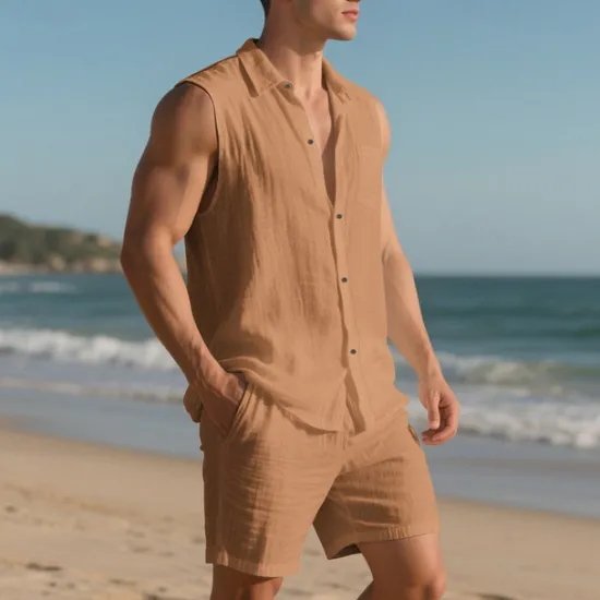 New OUKU Men's T-shirt Suits 2 Pieces Outfits Tee & Shorts Sleeveless Lapel Summer Plain Fashion Casual 2 Piece Vacation Daily Wear Going out Black White Yellow Top Tee for Men