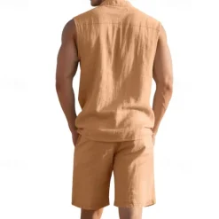 New OUKU Men's T-shirt Suits 2 Pieces Outfits Tee & Shorts Sleeveless Lapel Summer Plain Fashion Casual 2 Piece Vacation Daily Wear Going out Black White Yellow Top Tee for Men