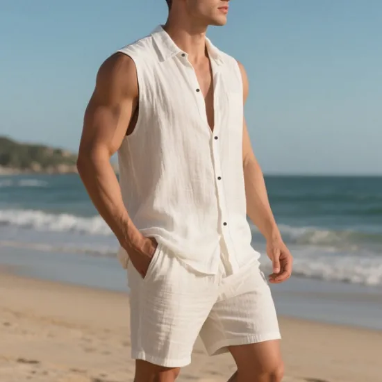 New OUKU Men's T-shirt Suits 2 Pieces Outfits Tee & Shorts Sleeveless Lapel Summer Plain Fashion Casual 2 Piece Vacation Daily Wear Going out Black White Yellow Top Tee for Men