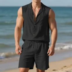 New OUKU Men's T-shirt Suits 2 Pieces Outfits Tee & Shorts Sleeveless Lapel Summer Plain Fashion Casual 2 Piece Vacation Daily Wear Going out Black White Yellow Top Tee for Men
