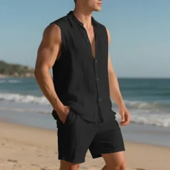 New OUKU Men's T-shirt Suits 2 Pieces Outfits Tee & Shorts Sleeveless Lapel Summer Plain Fashion Casual 2 Piece Vacation Daily Wear Going out Black White Yellow Top Tee for Men