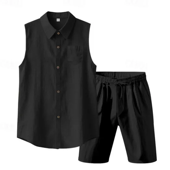 New OUKU Men's T-shirt Suits 2 Pieces Outfits Tee & Shorts Sleeveless Lapel Summer Plain Fashion Casual 2 Piece Vacation Daily Wear Going out Black White Yellow Top Tee for Men
