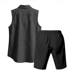 New OUKU Men's T-shirt Suits 2 Pieces Outfits Tee & Shorts Sleeveless Lapel Summer Plain Fashion Casual 2 Piece Vacation Daily Wear Going out Black White Yellow Top Tee for Men