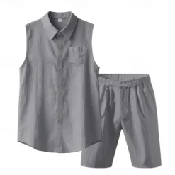 New OUKU Men's T-shirt Suits 2 Pieces Outfits Tee & Shorts Sleeveless Lapel Summer Plain Fashion Casual 2 Piece Vacation Daily Wear Going out Black White Yellow Top Tee for Men