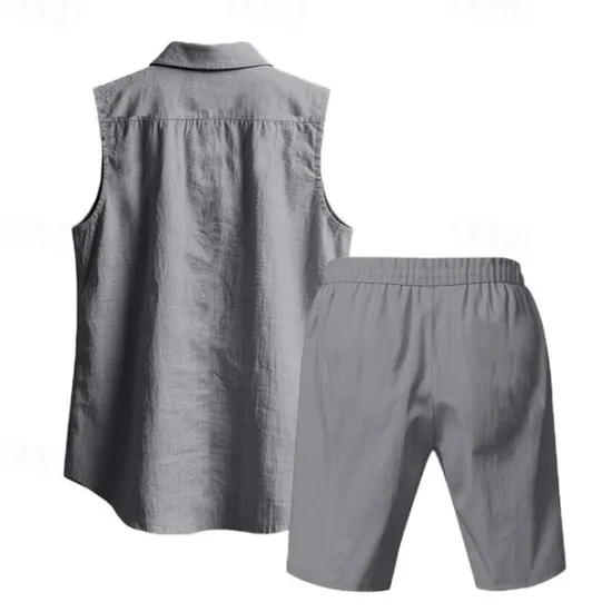 New OUKU Men's T-shirt Suits 2 Pieces Outfits Tee & Shorts Sleeveless Lapel Summer Plain Fashion Casual 2 Piece Vacation Daily Wear Going out Black White Yellow Top Tee for Men