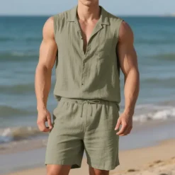 New OUKU Men's T-shirt Suits 2 Pieces Outfits Tee & Shorts Sleeveless Lapel Summer Plain Fashion Casual 2 Piece Vacation Daily Wear Going out Black White Yellow Top Tee for Men