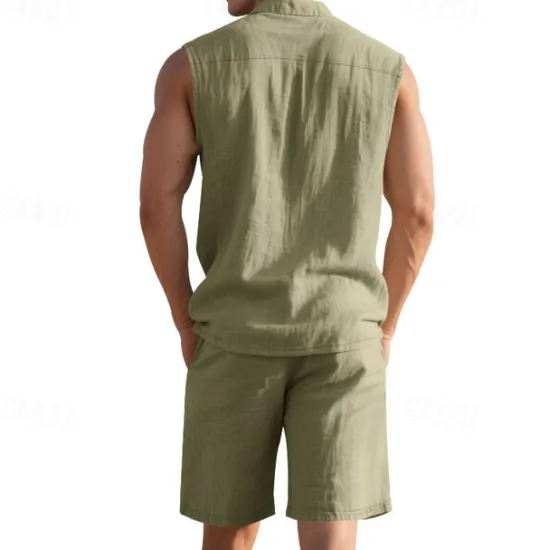 New OUKU Men's T-shirt Suits 2 Pieces Outfits Tee & Shorts Sleeveless Lapel Summer Plain Fashion Casual 2 Piece Vacation Daily Wear Going out Black White Yellow Top Tee for Men