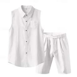 New OUKU Men's T-shirt Suits 2 Pieces Outfits Tee & Shorts Sleeveless Lapel Summer Plain Fashion Casual 2 Piece Vacation Daily Wear Going out Black White Yellow Top Tee for Men
