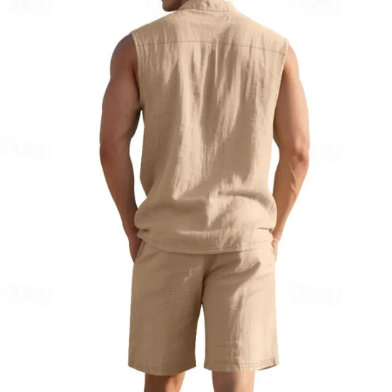 New OUKU Men's T-shirt Suits 2 Pieces Outfits Tee & Shorts Sleeveless Lapel Summer Plain Fashion Casual 2 Piece Vacation Daily Wear Going out Black White Yellow Top Tee for Men