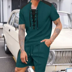 Outlet OUKU Men's T-shirt Suits 2 Pieces Outfits Tee & Shorts Short Sleeve Crewneck Summer Color Block Fashion Casual Drawstring 2 Piece Vacation Daily Wear Going out Black White Wine Top Tee for Men