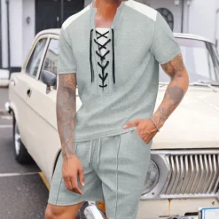 Outlet OUKU Men's T-shirt Suits 2 Pieces Outfits Tee & Shorts Short Sleeve Crewneck Summer Color Block Fashion Casual Drawstring 2 Piece Vacation Daily Wear Going out Black White Wine Top Tee for Men