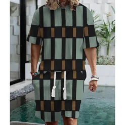 Clearance OUKU Men's T-shirt Suits 2 Pieces Outfits Tee & Shorts Short Sleeve Crew Neck Summer Striped Fashion Casual 2 Piece Vacation Daily Wear Going out Black Red Blue Top Tee for Men