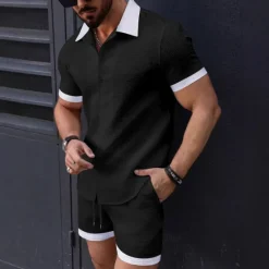 New OUKU Men's T-shirt Suits 2 Pieces Outfits Tee & Shorts Short Sleeve Lapel Summer Plain Fashion Casual Patchwork 2 Piece Jacquard Vacation Daily Wear Going out Black White Pink Top Tee for Men