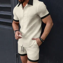 New OUKU Men's T-shirt Suits 2 Pieces Outfits Tee & Shorts Short Sleeve Lapel Summer Plain Fashion Casual Patchwork 2 Piece Jacquard Vacation Daily Wear Going out Black White Pink Top Tee for Men