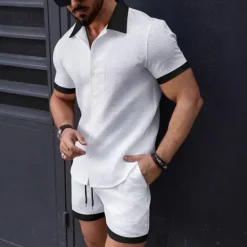 New OUKU Men's T-shirt Suits 2 Pieces Outfits Tee & Shorts Short Sleeve Lapel Summer Plain Fashion Casual Patchwork 2 Piece Jacquard Vacation Daily Wear Going out Black White Pink Top Tee for Men