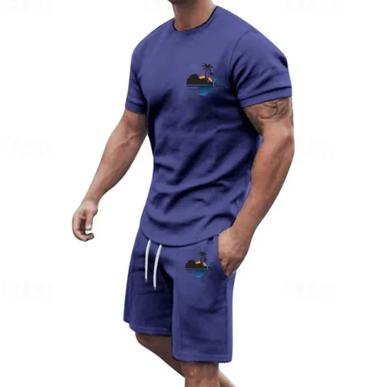 Online OUKU Men's T-shirt Suits 2 Pieces Outfits Tee & Shorts Short Sleeve Crew Neck Summer Coconut Tree Fashion Casual 2 Piece Vacation Daily Wear Going out Black White Yellow Top Tee for Men
