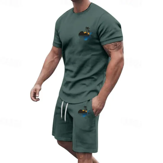 Online OUKU Men's T-shirt Suits 2 Pieces Outfits Tee & Shorts Short Sleeve Crew Neck Summer Coconut Tree Fashion Casual 2 Piece Vacation Daily Wear Going out Black White Yellow Top Tee for Men