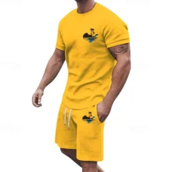 Online OUKU Men's T-shirt Suits 2 Pieces Outfits Tee & Shorts Short Sleeve Crew Neck Summer Coconut Tree Fashion Casual 2 Piece Vacation Daily Wear Going out Black White Yellow Top Tee for Men