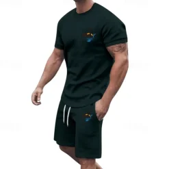 Online OUKU Men's T-shirt Suits 2 Pieces Outfits Tee & Shorts Short Sleeve Crew Neck Summer Coconut Tree Fashion Casual 2 Piece Vacation Daily Wear Going out Black White Yellow Top Tee for Men