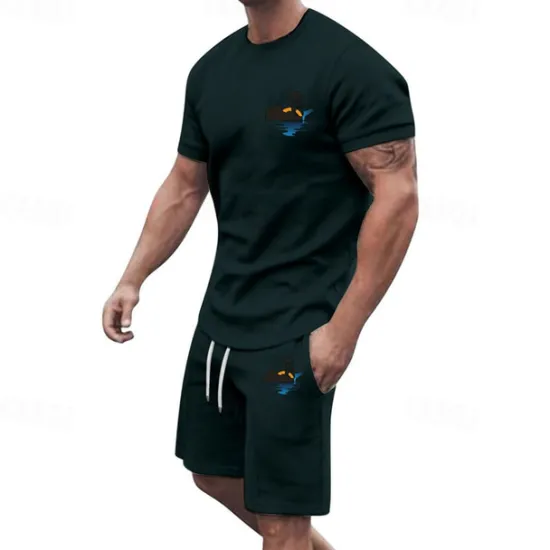 Online OUKU Men's T-shirt Suits 2 Pieces Outfits Tee & Shorts Short Sleeve Crew Neck Summer Coconut Tree Fashion Casual 2 Piece Vacation Daily Wear Going out Black White Yellow Top Tee for Men