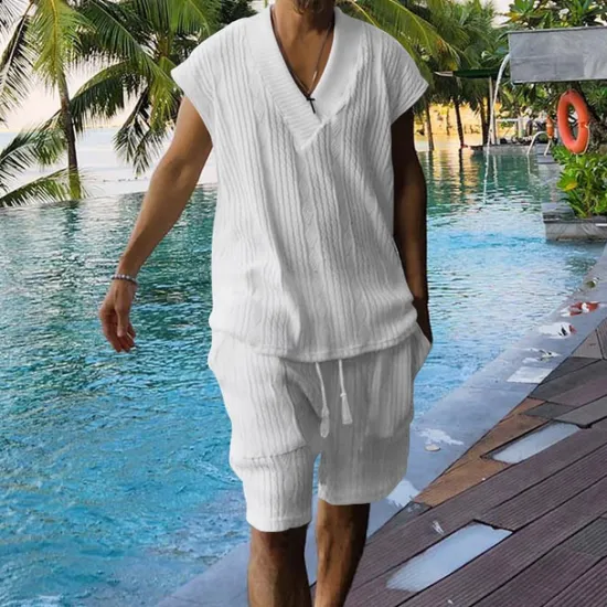 Outlet OUKU Men's T-shirt Suits 2 Pieces Outfits Tee & Shorts Short Sleeve V Neck Summer Plain Fashion Casual 2 Piece Vacation Daily Wear Going out Black White Navy Blue Top Tee for Men