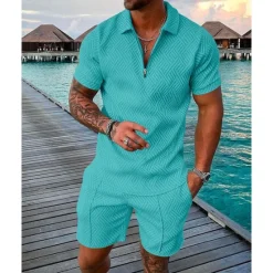 Outlet OUKU Men's T-shirt Suits Golf Polos Shirts Street Casual Turndown Quarter Zip Short Sleeve Modern Casual Waves Curve 3D Print Summer Regular Fit Green / Black Black Yellow Pink Red Navy Blue T-shirt Suits