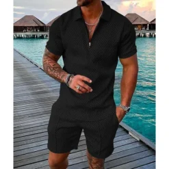 Outlet OUKU Men's T-shirt Suits Golf Polos Shirts Street Casual Turndown Quarter Zip Short Sleeve Modern Casual Waves Curve 3D Print Summer Regular Fit Green / Black Black Yellow Pink Red Navy Blue T-shirt Suits