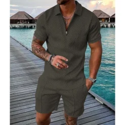 Outlet OUKU Men's T-shirt Suits Golf Polos Shirts Street Casual Turndown Quarter Zip Short Sleeve Modern Casual Waves Curve 3D Print Summer Regular Fit Green / Black Black Yellow Pink Red Navy Blue T-shirt Suits
