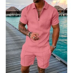 Outlet OUKU Men's T-shirt Suits Golf Polos Shirts Street Casual Turndown Quarter Zip Short Sleeve Modern Casual Waves Curve 3D Print Summer Regular Fit Green / Black Black Yellow Pink Red Navy Blue T-shirt Suits