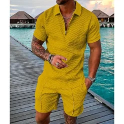 Outlet OUKU Men's T-shirt Suits Golf Polos Shirts Street Casual Turndown Quarter Zip Short Sleeve Modern Casual Waves Curve 3D Print Summer Regular Fit Green / Black Black Yellow Pink Red Navy Blue T-shirt Suits