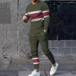 Sale OUKU Men's T-shirt Suits Pants Sets 2 Pieces Outfits Long Sleeve Crewneck Summer Color Block Fashion Casual 2 Piece Vacation Daily Wear Going out Black Green Navy Blue Top Tee for Men