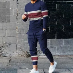 Sale OUKU Men's T-shirt Suits Pants Sets 2 Pieces Outfits Long Sleeve Crewneck Summer Color Block Fashion Casual 2 Piece Vacation Daily Wear Going out Black Green Navy Blue Top Tee for Men