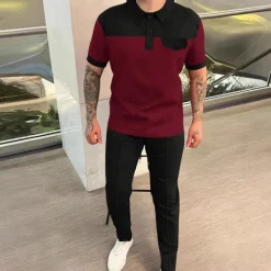Discount OUKU Men's T-shirt Suits Pants Sets 2 Pieces Outfits Short Sleeve Lapel Summer Spring Color Block Fashion Casual 2 Piece Vacation Daily Wear Going out Wine Green khaki Top Tee for Men